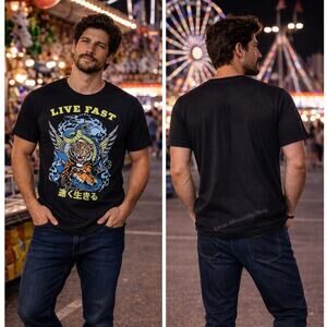 LCM Live Fast Snake Tiger Black T Shirt Men’s Small 34-36 Graphic Tee